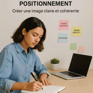 Jeune femme concentrée rédigeant une stratégie de marque personnelle sur un bureau, illustrant le travail de positionnement : cible, identité de marque et messages clés